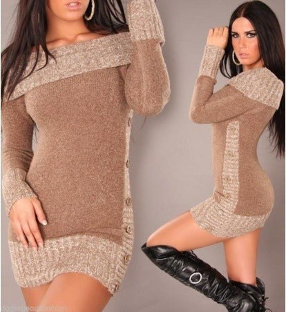 Evelina Elegant Knit Dress in Brown