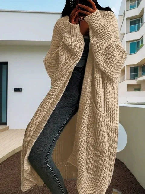 Evelina Knit Coat with Pockets and Belted in Khaki