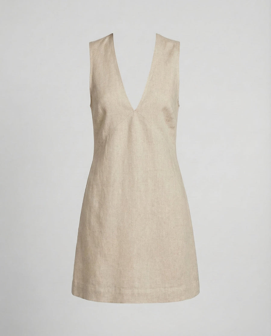 Evelina Linen Mini Dress with V-Neck in Apricot