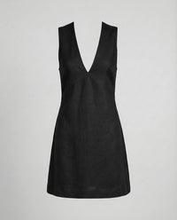 Evelina Linen Mini Dress with V-Neck in Black