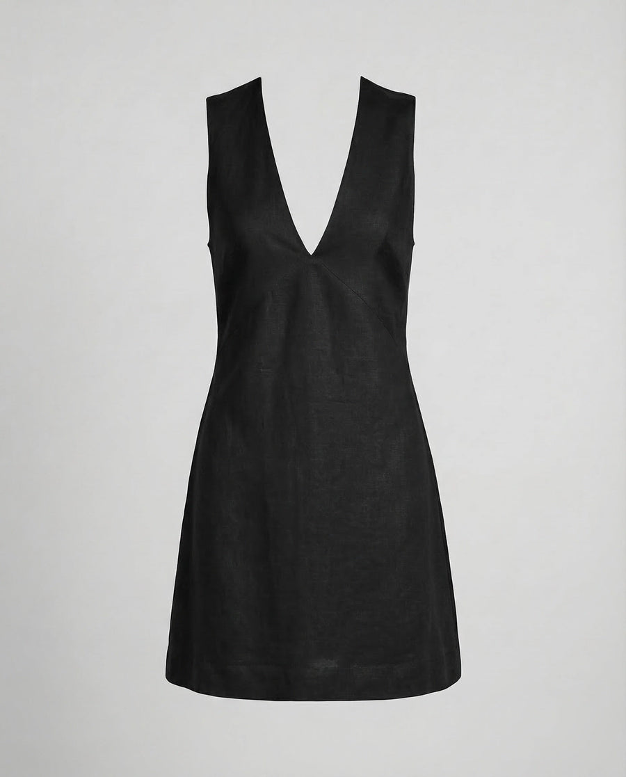 Evelina Linen Mini Dress with V-Neck in Black