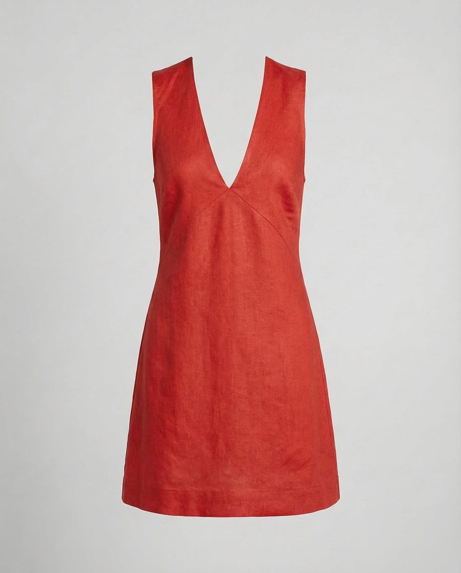 Evelina Linen Mini Dress with V-Neck in Red