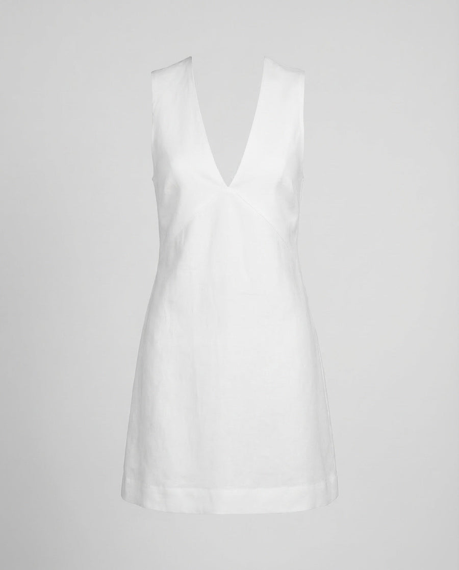 Evelina Linen Mini Dress with V-Neck in White