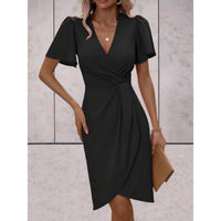 Evelina Women's Wrap Midi Dress V-Neck Flutter Sleeve Belted Occasion Dress in Black