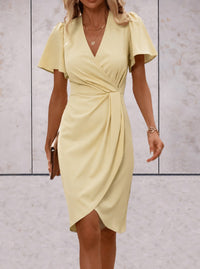 Evelina Women's Wrap Midi Dress V-Neck Flutter Sleeve Belted Occasion Dress in Brown