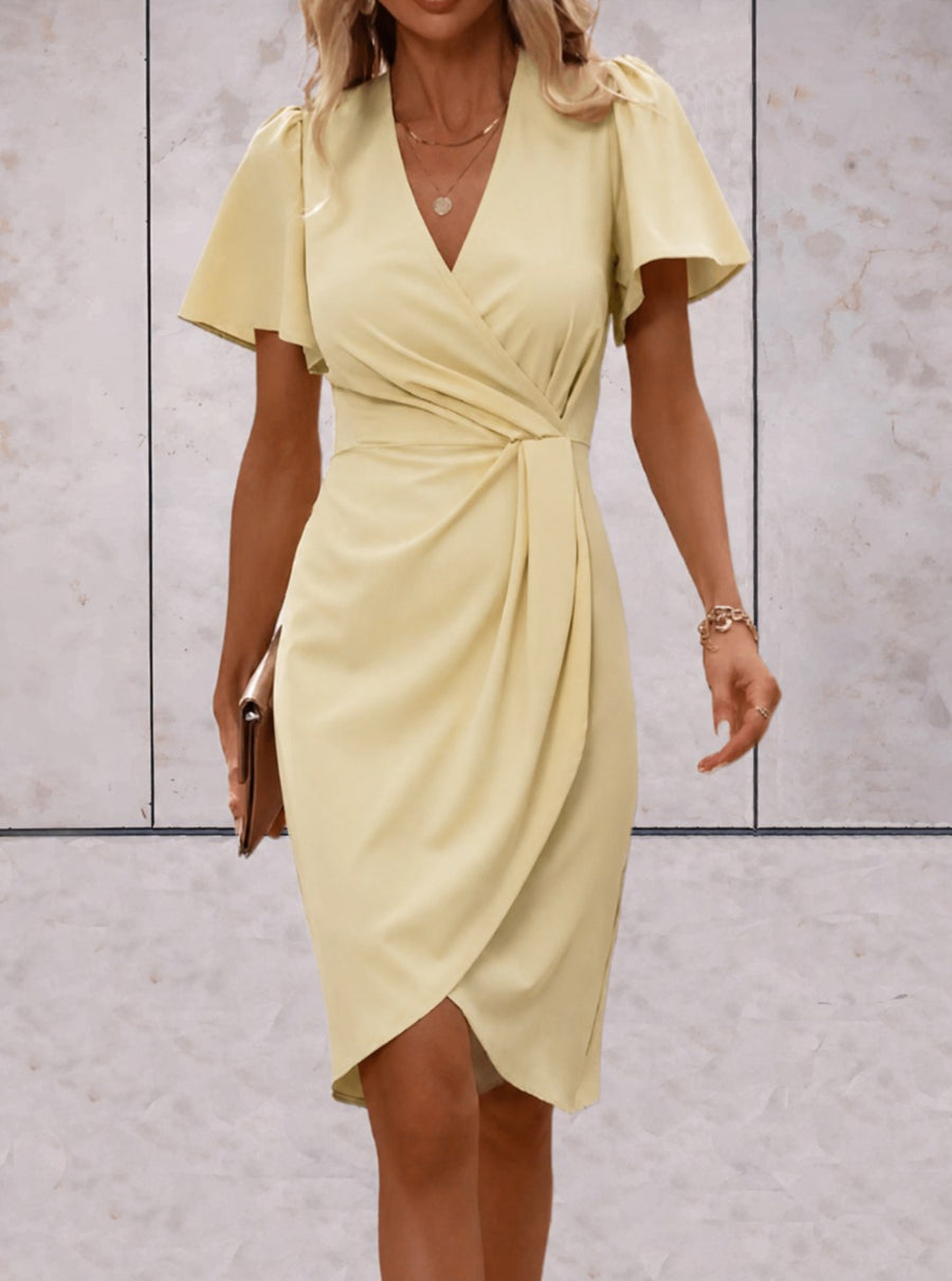 Evelina Women's Wrap Midi Dress V-Neck Flutter Sleeve Belted Occasion Dress in Brown