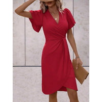 Evelina Women's Wrap Midi Dress V-Neck Flutter Sleeve Belted Occasion Dress in Red