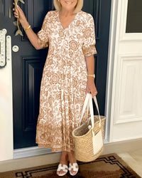 Evelyne Elegant Floral Dress in Beige / Brown