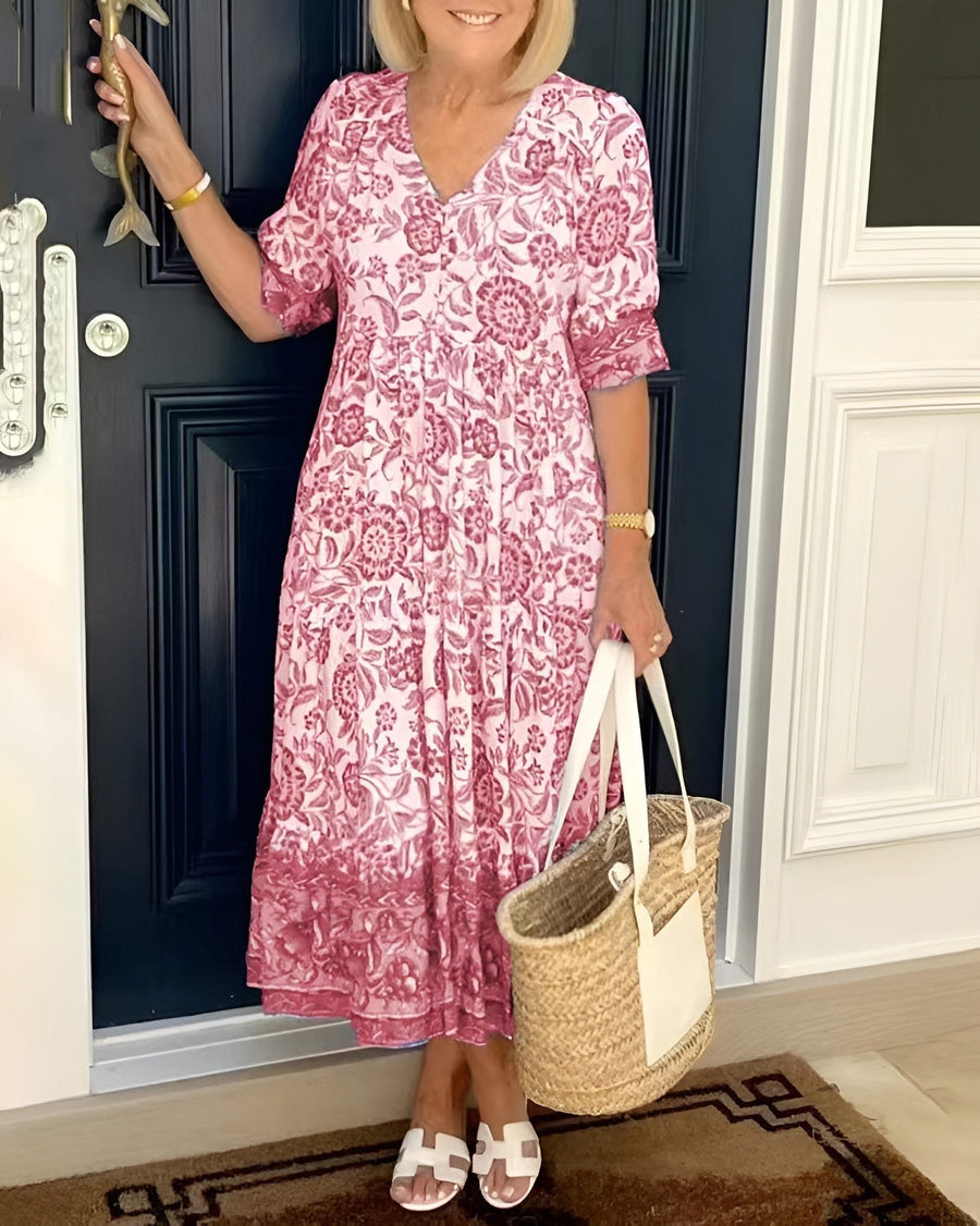 Evelyne Elegant Floral Dress in Pink