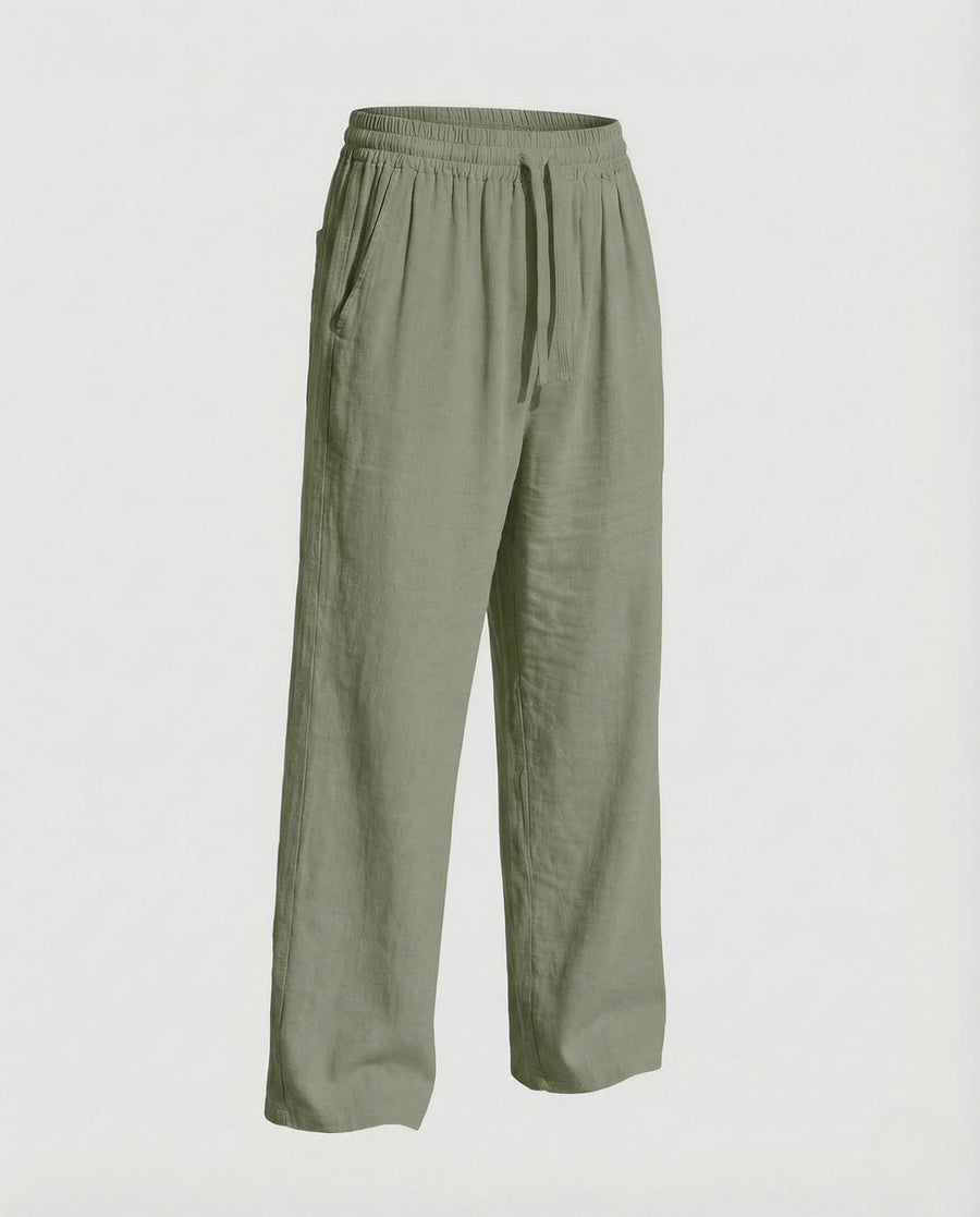 Everett Linen Trousers with Elastic Waist in Olive Green
