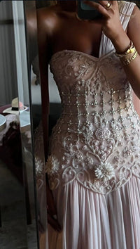 Valentina Beaded Chiffon One-Shoulder Gown