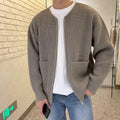 Men's Long Sleeve Crew Neck Zip-Up Ribbed Knit Cardigan with Pockets