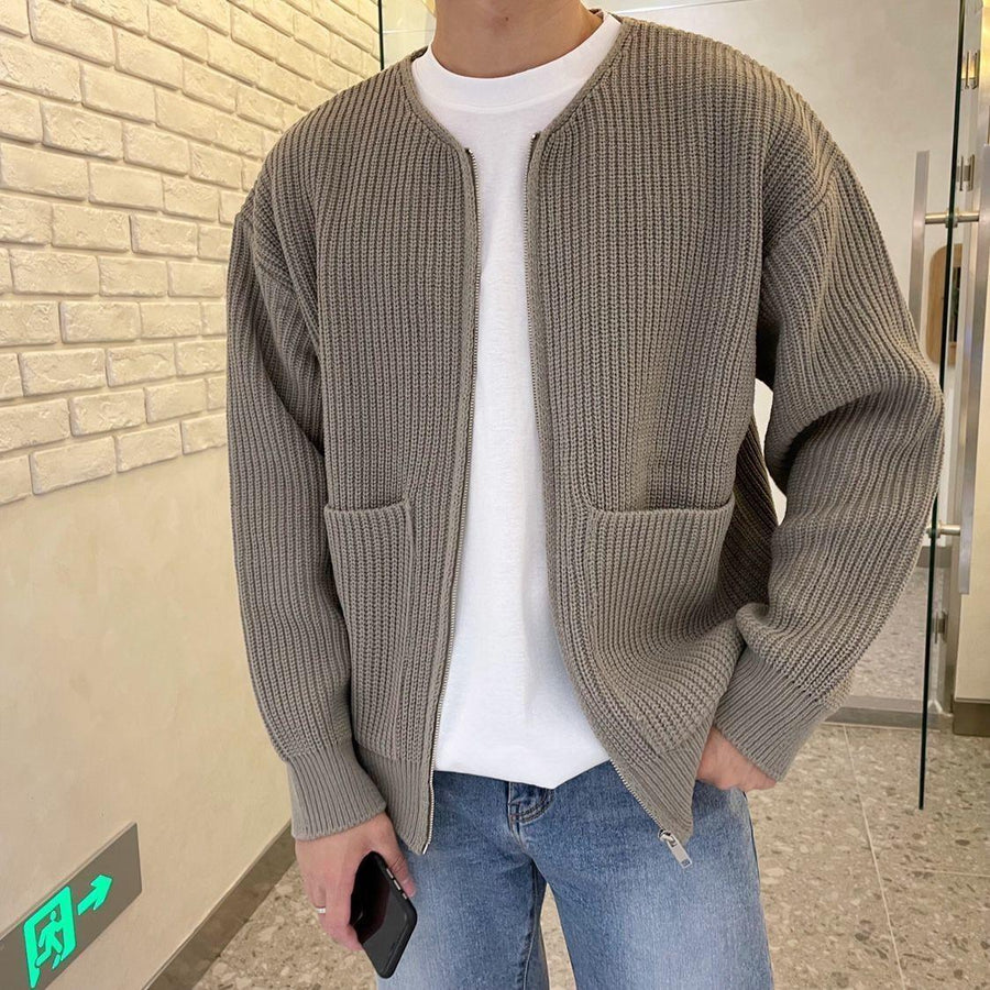 Men's Long Sleeve Crew Neck Zip-Up Ribbed Knit Cardigan with Pockets