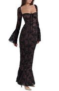 Delilah Long Sleeve Lace Overlay Mermaid Dress in Black at , Medium