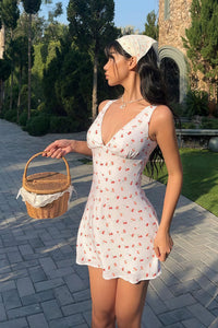Romantic Pastoral Floral Print V Neck Mini Dress