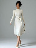 Knit Midi Dress with Belted Waist and Long Sleeves