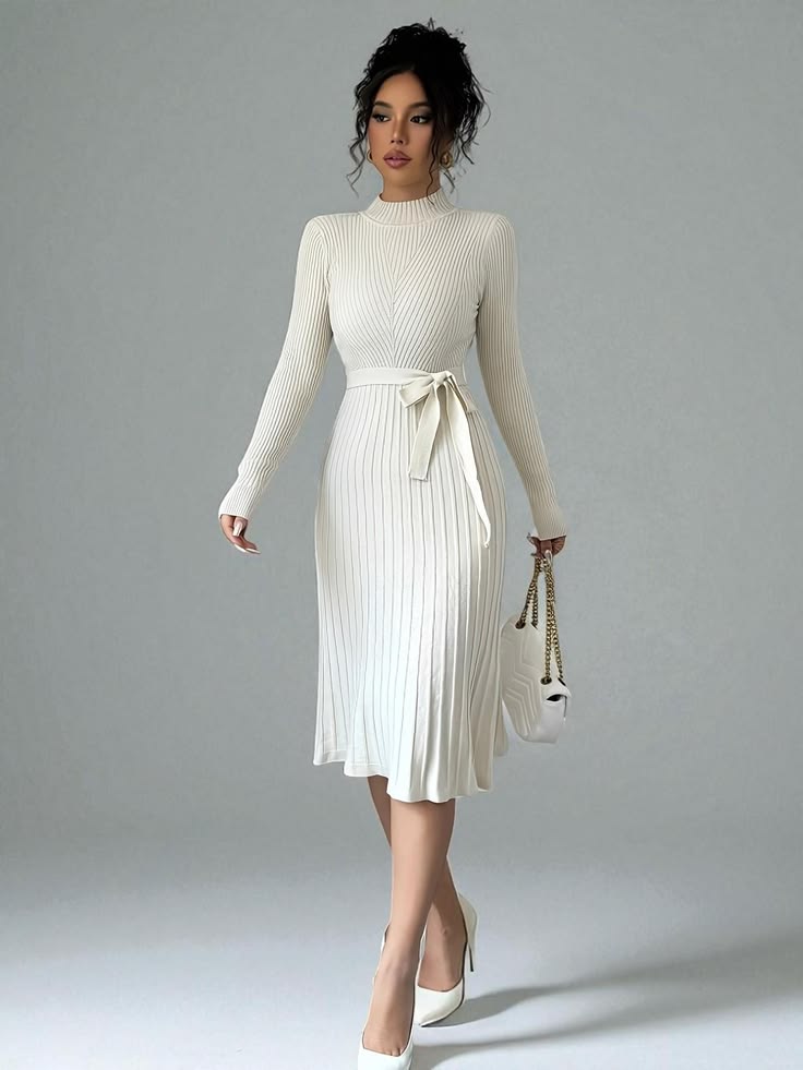 Knit Midi Dress with Belted Waist and Long Sleeves Etsy