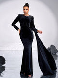 Black Velvet Long Sleeve Pearls Party Dress