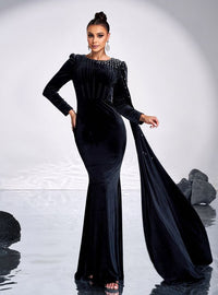 Black Velvet Long Sleeve Pearls Party Dress