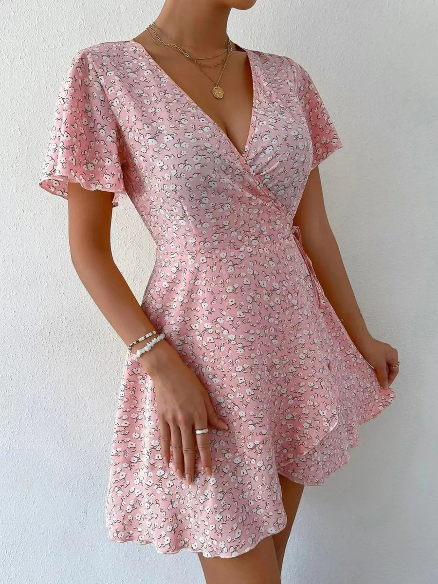 Floral Flutter Sleeve Wrap Mini Dress
