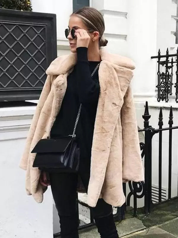 Faux Fur Coat Notched Lapel Winter Chic Eco Friendly Long Jacket for Women 2026