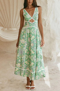 Linen Blend Unique Print V-neck Sleeveless Cutout Waist-cinching Maxi Dress