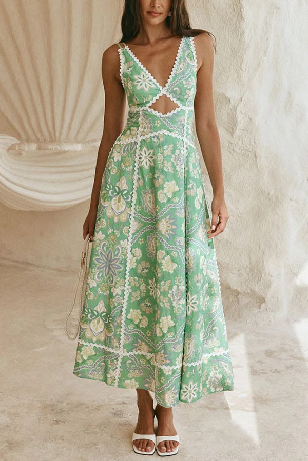 Linen Blend Unique Print V-neck Sleeveless Cutout Waist-cinching Maxi Dress