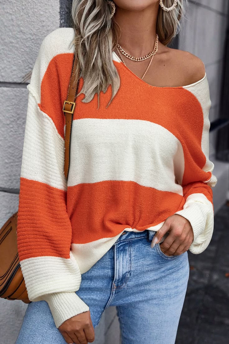 Stripe Loose Color Block Drop Shoulder Bubble Sleeve Sweater Stripe 100%Acrylic