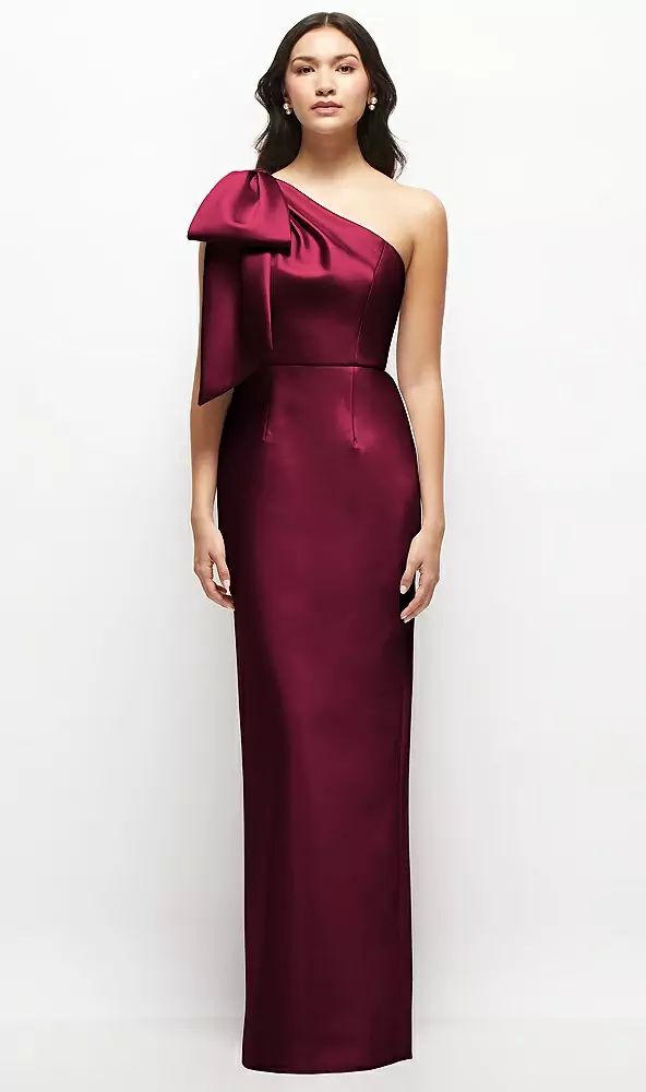 Oversized Bow One-Shoulder Satin Column Maxi Dress