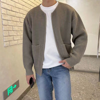 Men's Long Sleeve Crew Neck Zip-Up Ribbed Knit Cardigan with Pockets