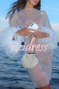 Night Surprise Rhinestone Fabric Feather Sleeve Party Mini Dress