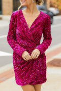 Pitaya Velvet Sequin Long Sleeve V Neck Wrapped Mini Dress Pitaya