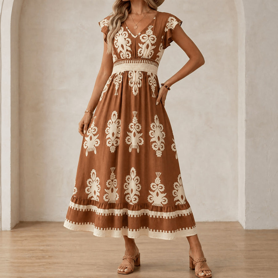 Faolán Women's Baroque Print Maxi Dress in Brown