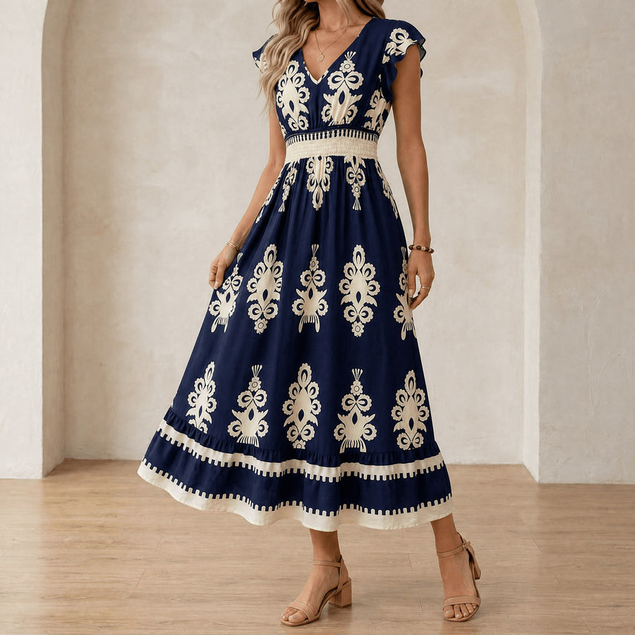 Faolán Women's Baroque Print Maxi Dress in Navy Blue