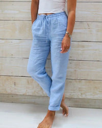Farah Linen Trousers with Elastic Waist in Blue