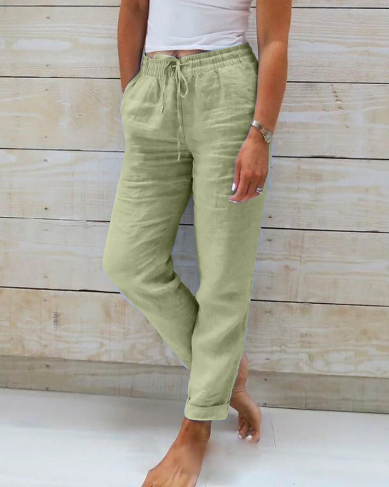Farah Linen Trousers with Elastic Waist in Green