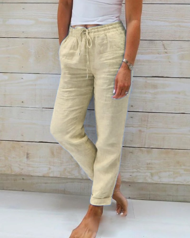 Farah Linen Trousers with Elastic Waist in Khaki