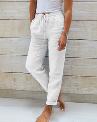 Farah Linen Trousers with Elastic Waist in White