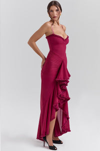 Fauna Ruched Ruffle Dovetail Party Dress in Black