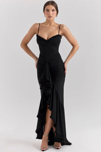 Fauna Ruched Ruffle Dovetail Party Dress in Black