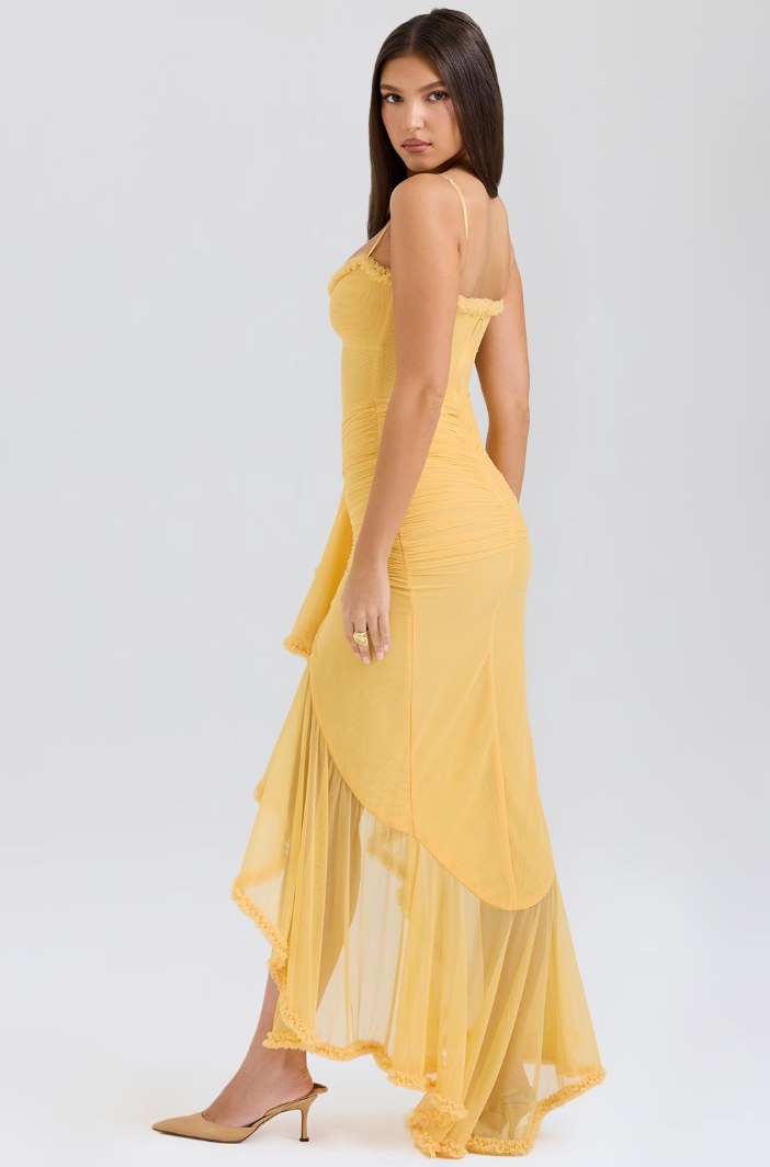 Fauna Ruched Ruffle Dovetail Party Dress in Black