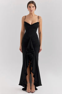 Fauna Ruched Ruffle Dovetail Party Dress in Black