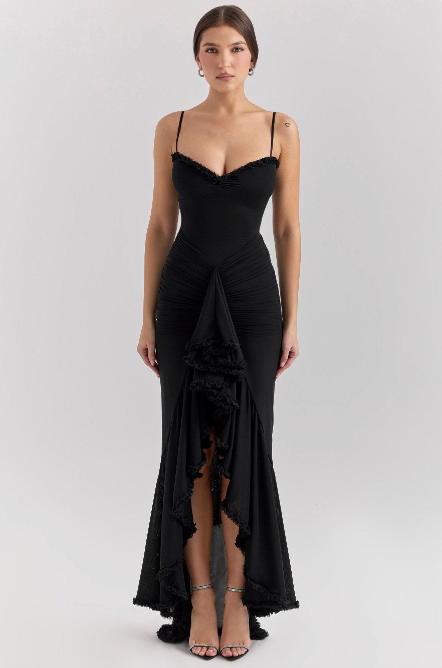 Fauna Ruched Ruffle Dovetail Party Dress in Black
