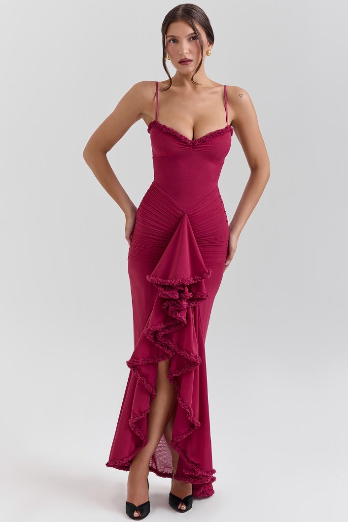 Fauna Ruched Ruffle Dovetail Party Dress in Burgundy