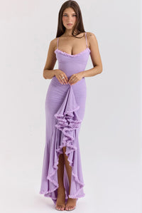 Fauna Ruched Ruffle Dovetail Party Dress in Lilac