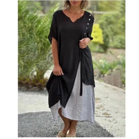 Fauna Women's Layered V-Neck Short Sleeve Asymmetric Midi Dress in Black