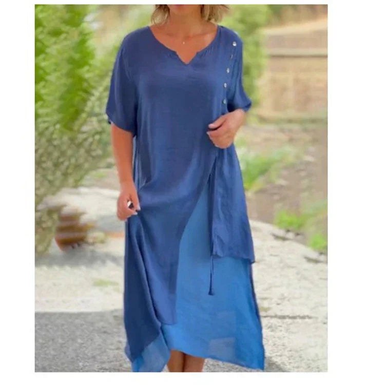 Fauna Women's Layered V-Neck Short Sleeve Asymmetric Midi Dress in Blue