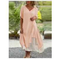 Fauna Women's Layered V-Neck Short Sleeve Asymmetric Midi Dress in Light Pink