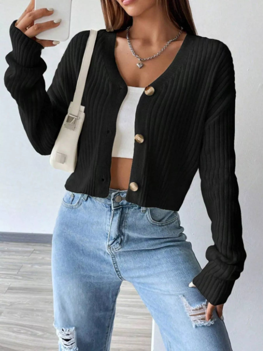 Ribbed Knit Button Up Cropped Cardigan