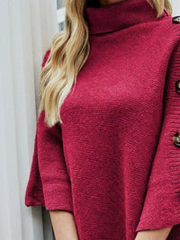 Button Decor Turtleneck Poncho Pullover